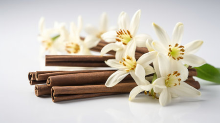 Vanilla and cinnamon sticks and flowers on white background. Ai Generativeの素材