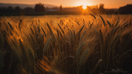 Sunset wheat golden field in the evening, A professional photographer. AI Generativeの素材