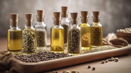 Board with bottles of hemp oil and seeds on light background, closeup, AI Generativeの素材