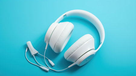 Minimalistic top view composition with white headphones on bright Blue background with a lot of copy space for your text. Close up, flat lay. AI Generativeの素材