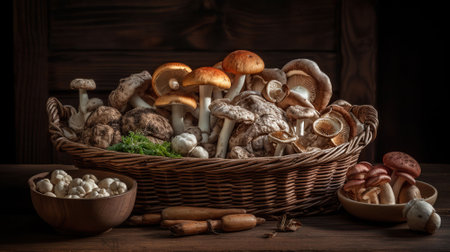 Wicker tray with variety of raw mushrooms on wooden table. AI Generativeの素材