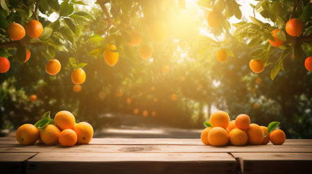 Naturally Beautiful: A Wooden Table Set Amongst Orange Trees in Sunlight. Copy space, AI Generativeの素材
