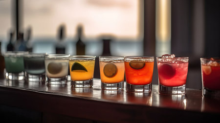 Bar counter with glasses of cocktail on the Beach, AI Generativeの素材