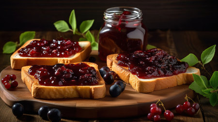 Delicious toasts with sweet jams on wooden table, AI Generativeの素材