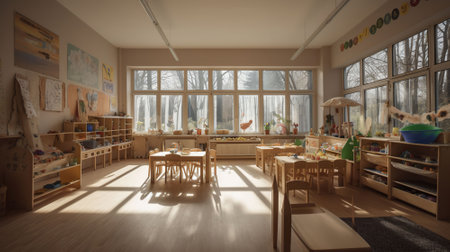 Montessori material, Kindergarten Preschool Classroom Interior, wooden furniture and toys, AI Generativeの素材