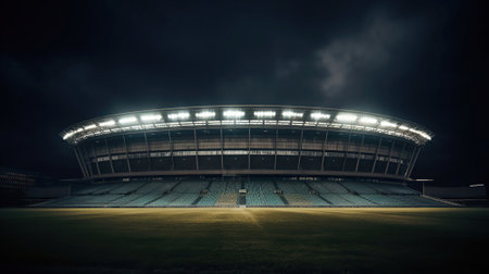 Football stadium with good grass, and good lighting visible from below, AI Generativeの素材