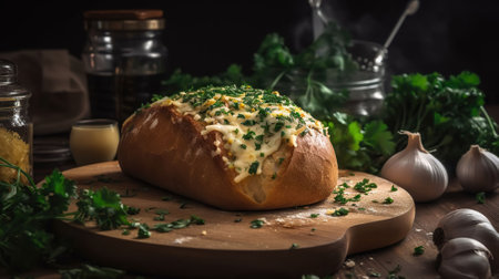 Tasty bread with garlic, cheese and herbs on kitchen table. AI Generativeの素材
