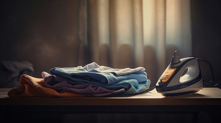 Electric iron and pile of clothes on ironing board. AI Generativeの素材