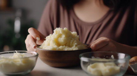 Woman preparing tasty mashed potatoes on light background, AI Generativeの素材