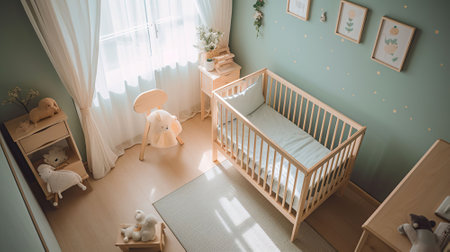 Interior of light cozy baby room with crib and bedding, top view. AI Generativeの素材