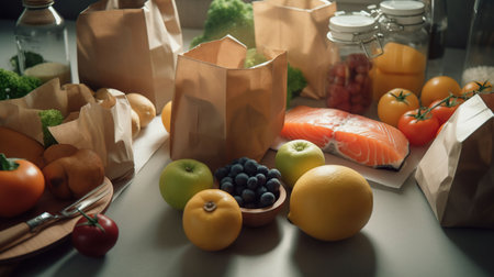 Background of healthy food. Healthy food in paper bags of fish, vegetables and fruits on the table in a kitchen. Supermarket concept food shopping, AI Generativeの素材