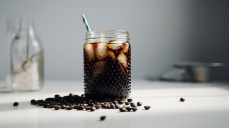 Glass of cold brew with straw and coffee beans on color table against. AI Generativeの素材