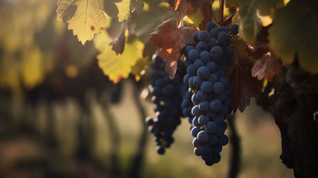 Vineyard in october. Bunches of grapes on branches. Close up, copy space, background. AI Generativeの素材
