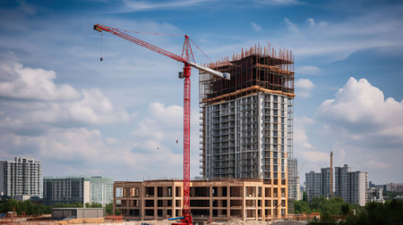 The Crane tower in construction site of a high-rise condominium, AI Generativeの素材