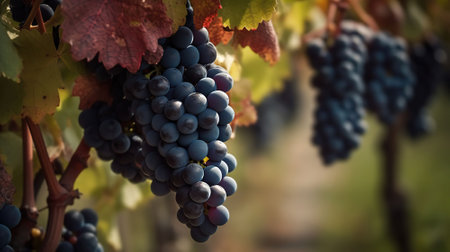 Vineyard in october. Bunches of grapes on branches. Close up, AI Generativeの素材