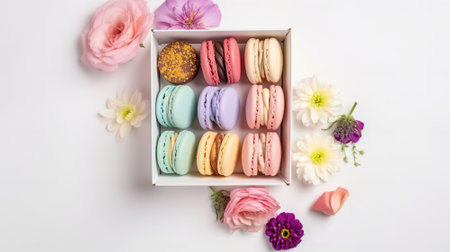 Elevate Your Gift-Giving with Colorful Macaroons and Fresh Spring Flowers, AI Generativeの素材