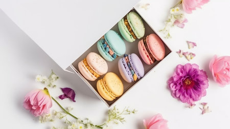 Celebrate Spring with a Box of Vibrant Macaroons and Seasonal Blooms on white background. AI Generativeの素材