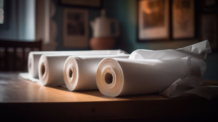 Rolls of paper towels on table indoors, AI Generativeの素材