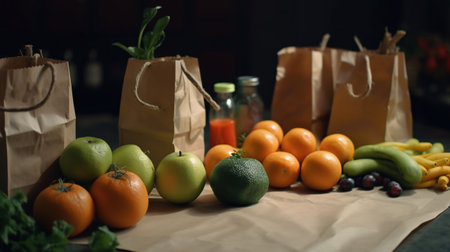 Background of healthy food. Healthy food in paper bags of fish, vegetables and fruits on the table in a kitchen. Supermarket concept food shopping, AI Generativeの素材