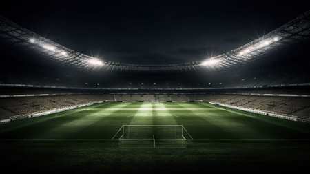 Football stadium with good grass, center position, and good lighting visible from below, AI Generativeの素材