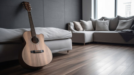 Minimalistic interior design concept. Acoustic guitar on grey textile sofa in spacious room of loft style apartment with wood textured laminated flooring. AI Generativeの素材