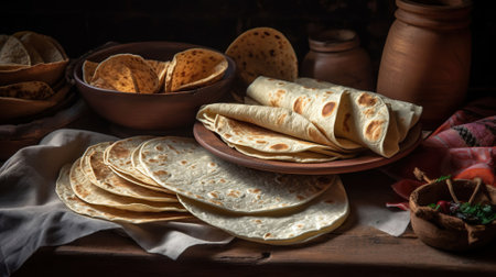 Delicious tortillas on kitchen table, AI Generativeの素材