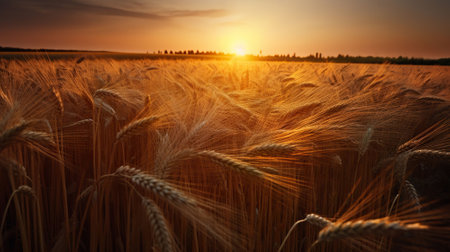Sunset wheat golden field in the evening, AI Generativeの素材