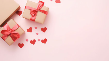 Top view of presents with hearts and copy space, Background with gifts and hearts with free space for text on pastel pink background, AI Generativeの素材