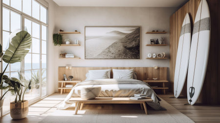 Stylish interior of bedroom with boards for sup surfing near light wall. AI Generativeの素材