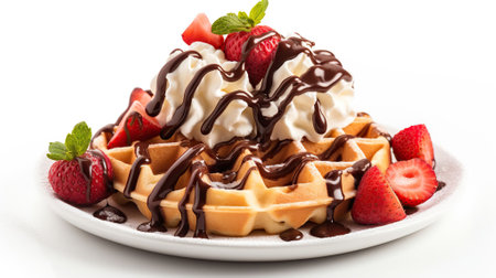 Chocolate strawberries over waffles and chocolate sauce, in the style of black and white mastery, roller wave, dynamic color schemes, Generative AIの素材