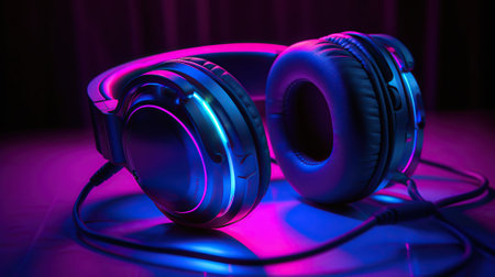 3D Neon blue head phones in purple rays background. AI Generativeの素材