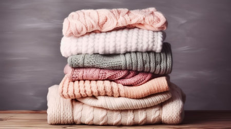 Bunch of knitted warm pastel color sweaters with different knitting patterns folded in stack on brown wooden table, grunged texture wall background. Fall winter season knitwear. Generative AIの素材