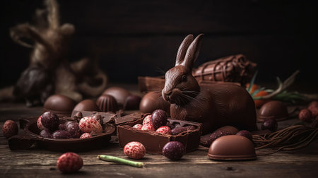 Chocolate Easter eggs, rabbit and sweets on light wooden background, AI Generativeの素材