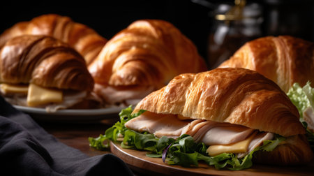 Close - up food photography of platter of delicious deli turkey croissant sandwiches. Generative AIの素材