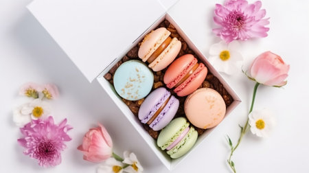 Colorful macaroons in present box with spring flowers on white background. AI Generativeの素材