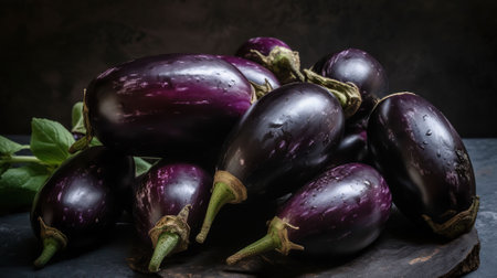 Bunch of ripe organic polished eggplants laid in composition on grunged stone background. Aubergine vegetables at table counter. Clean eating concept. Generative AIの素材