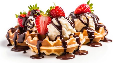 An appetizer includes waffles with chocolate and strawberries, in the style of paint dripping technique, rollerwave, dark brown and white. Generative AIの素材