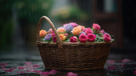 A basket full of roses after the rain, bokeh background. Generative AIの素材