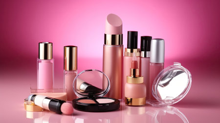 Cosmetics on pink background, AI Generativeの素材
