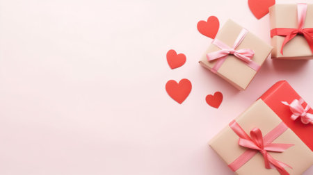 Top view of presents with hearts and copy space, Background with gifts and hearts with free space for text on pastel pink background, Valentines day concept. AI Generativeの素材
