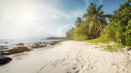 White sandy tropical beach and soft sunlight background. Generative AIの素材