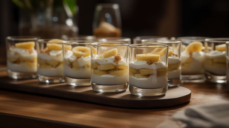 Glasses with delicious banana pudding on table. AI Generativeの素材