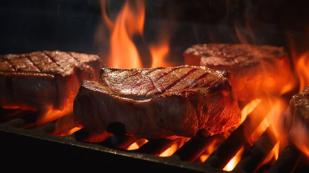 Beef steaks on the grill with flames, AI Generativeの素材