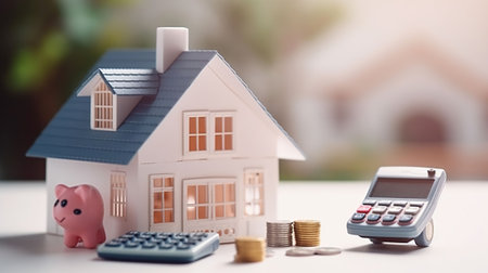 Paper house model with coin and piggy bank and customer discussing for contract to buy house, insurance or loan real estate background, Generative AIの素材