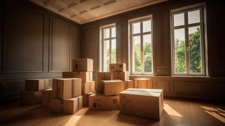 Carton boxes with stuff in empty room. Office move concept, AI Generativeの素材