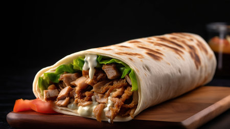 Shawarma sandwich gyro fresh roll of lavash (pita bread) chicken, lamb or beef shawarma Traditional Eastern oriental snack, Generative AIの素材