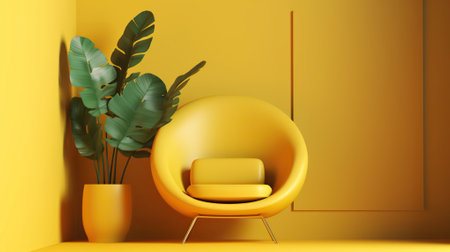Creative interior design on yellow background with yellow armchair and green plant, Minimal color concept. 3d render, Generative AIの素材