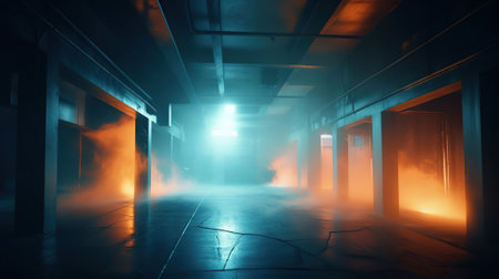 Smoke Fog, Mist Big Hall Neon City Retro Modern Virtual Reality Sci Fi, Futuristic Blade Runner Orange Blue Concrete, 3D Rendering, Illustration. Generative AIの素材