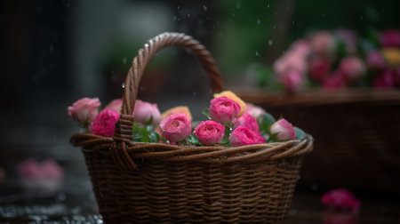 Aromatherapy After the Rain: A Basket Brimming with Roses. Generative AIの素材
