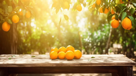 Wooden table place of free space for your decoration and orange trees with fruits in sun light. Copy space, AI Generativeの素材
